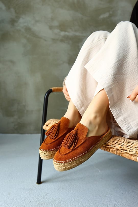 靴 theredthread S hairy fur mule 36 Nilufarr Mouse Taba Süet Hakiki Deri Kadın Espadril Terlik