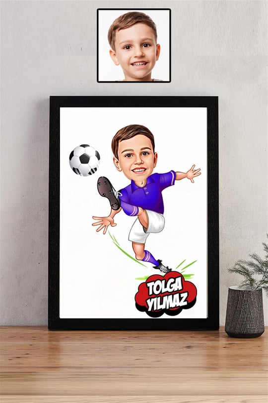 Erkek Çocuğuna Hediye Futbolcu Karikatürlü Dikdörtgen Çerçeve