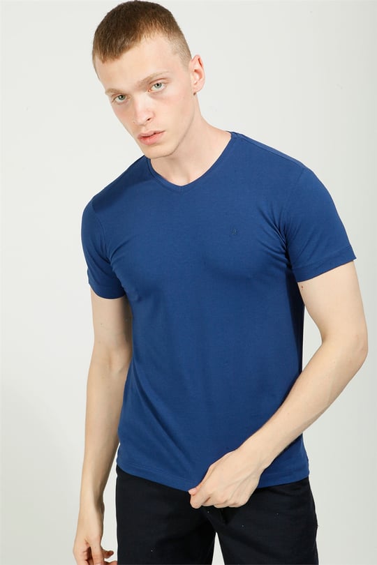 Açık Lacivert Comfort Fit V Yaka Basic T-Shirt
