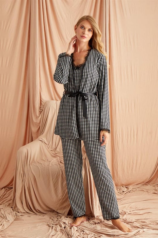 Nisanca Kışlık Sabahlıklı Kadın Kadife Pijama Takımı - KHB565