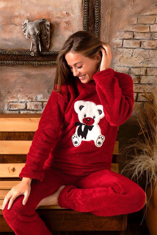 Nisanca Tam Peluş Kışlık Kadın Pijama Takımı- Polar Yılbaşı Pijaması -  MLH150
