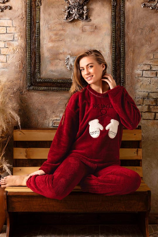 Nisanca Tam Peluş Kışlık Kadın Pijama Takımı- Polar Yılbaşı Pijaması -  K-200-473