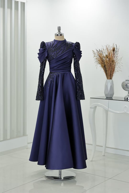 Robe De Soiree Mi Longue Perlee Bleu Marine
