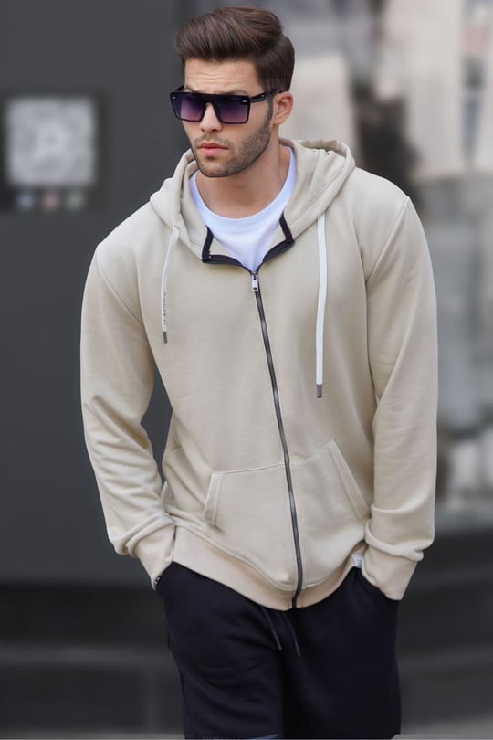 Bej Fermuarlı Kapüşonlu Sweatshirt - Madmext