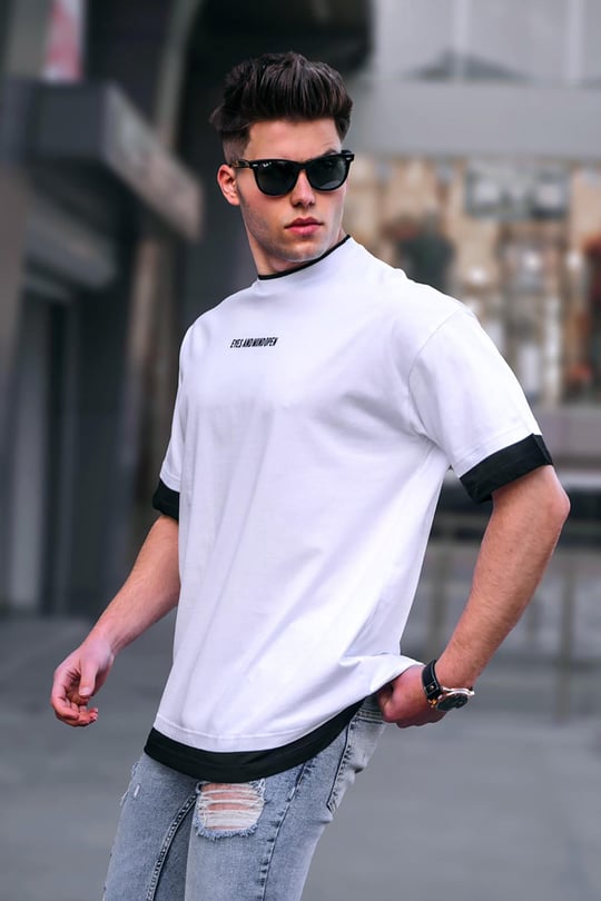 Erkek Beyaz Basic Oversize Tişört - Madmext