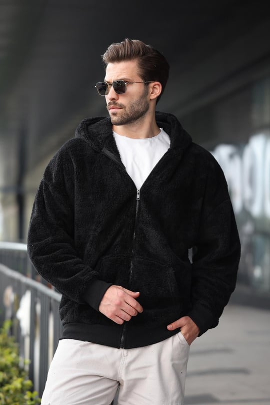 Black Fur Over Fit Zip Hoodie Sweatshirt -- Madmext