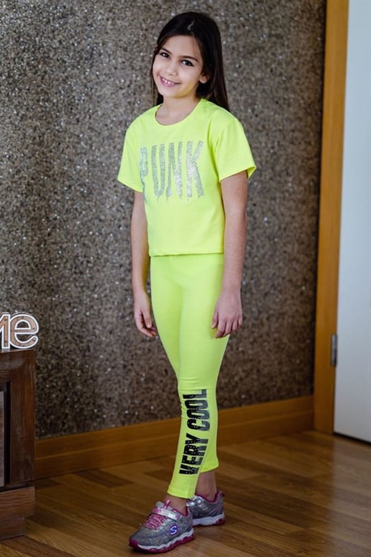 Kız Çocuk Baskılı Neon Sarı Tayt Takımı MK15036