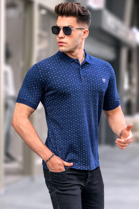 Men Designed Navy Blue Polo T Shirt Madmext