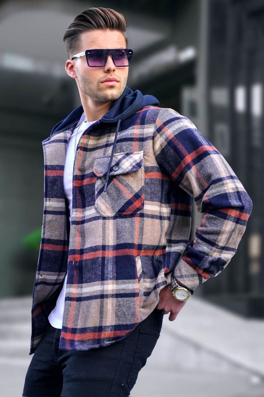 Navy Blue Checkered Hoodie Plaid Shirt -- Madmext
