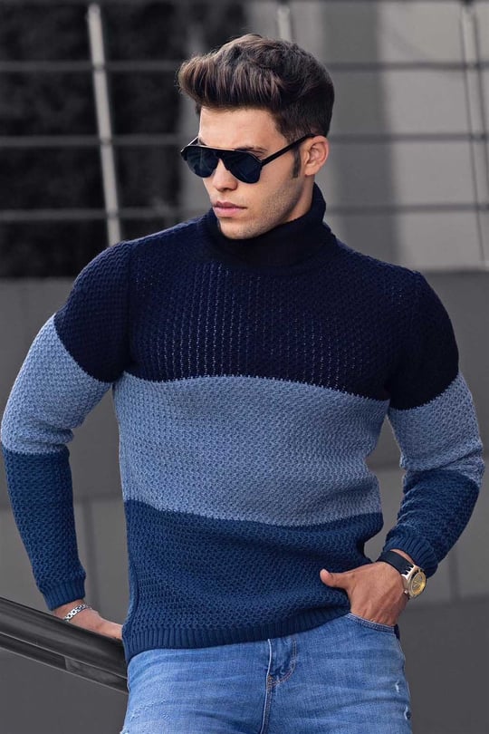 Madmext Blue Three-Tone Roll Neck Jumper 4660