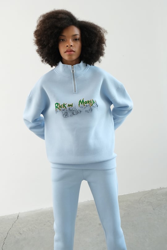 Rick and Morty Baskılı Sweatshirt Takımı - Mavi - 6003 - 2 Lİ TAKIM