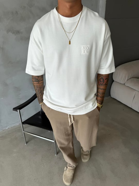 Erkek Oversize Basic NO IR T-Shirt - Beyaz