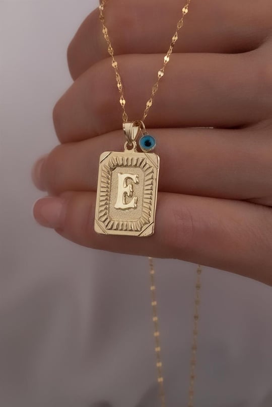 14K Solid Gold Square Vintage Italian Letter E Necklace