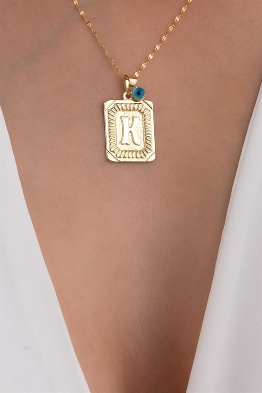 14K Solid Gold Square Vintage Italian Letter K Necklace