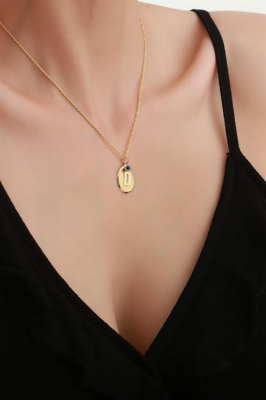 14K Solid Gold Vintage Oval D Letter Necklace