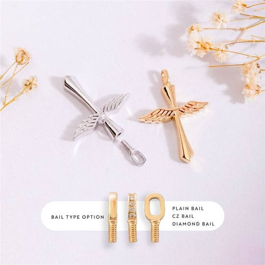 Angel Wing Cross Urn Pendant 14K 18K Solid Gold Custom Engrave