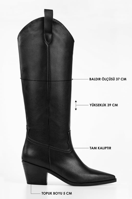 Kadın Meot Siyah Cilt Topuklu Western Binici Çizme