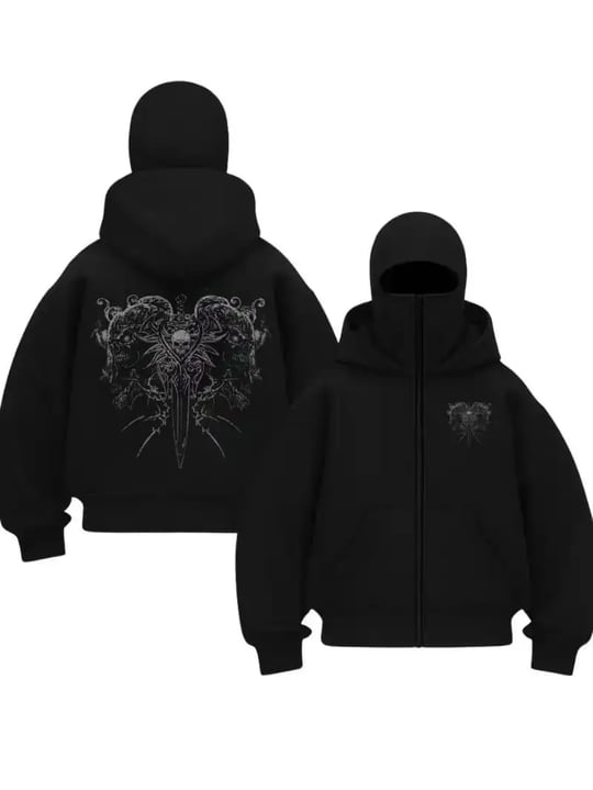 Siyah Unisex Oversize Tam Fermuarlı Maskeli Gotik Kapüşonlu Hoodie