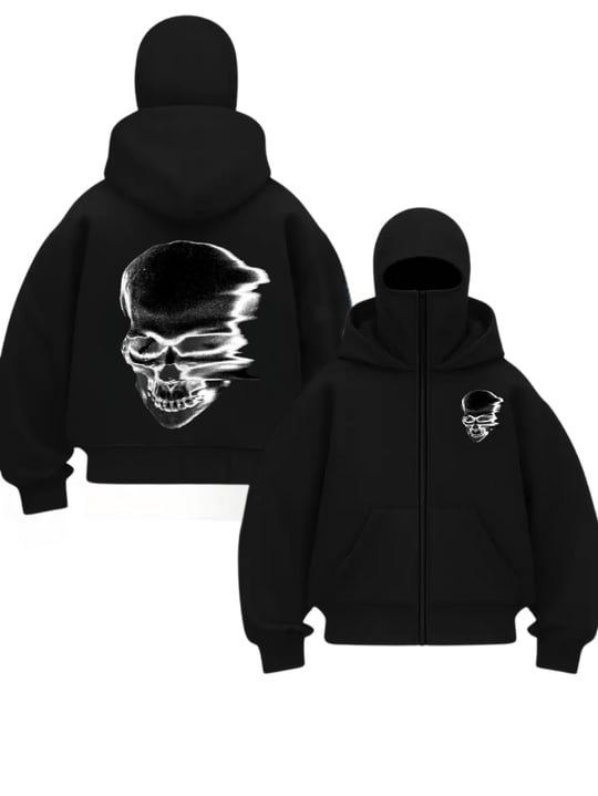 Siyah Unisex Oversize Tam Fermuarlı Maskeli Gotik Kapüşonlu Hoodie