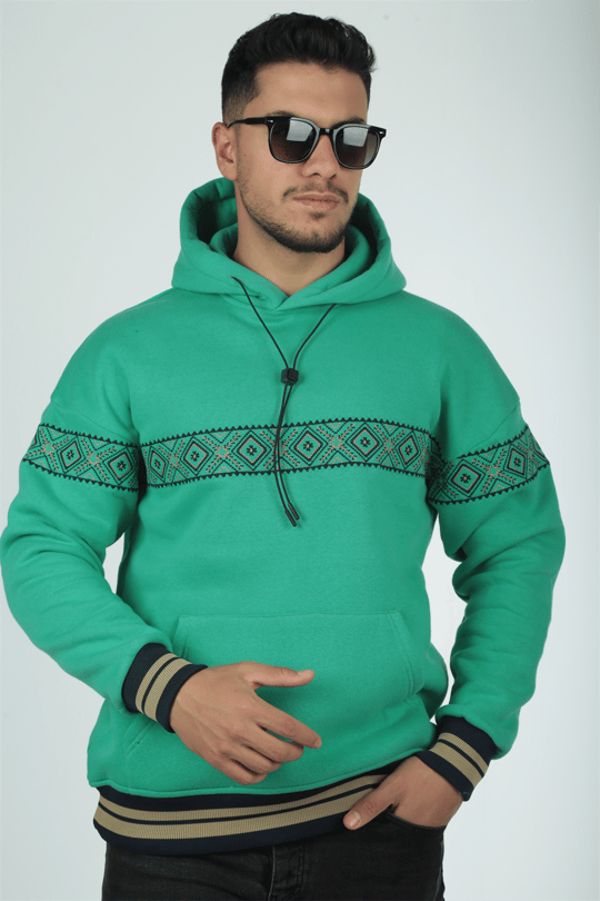 Miron Etnik Nakışlı Sweatshirt Oversize-Yeşil