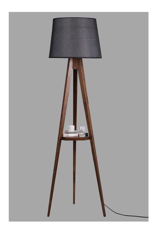Lumexx Sehbalı Tripod Ceviz Lambader Pramit Hasır Siyah Abajurlu