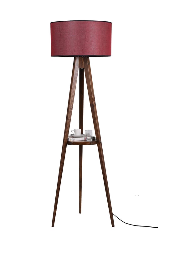 Lumexx Sehbalı Tripod Ceviz Lambader Silindir Hasır Bordo Abajurlu