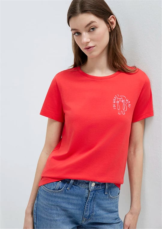 Mavi Y26 M1613873-71083 Nar Cıcegı Kadın Slim Kedi Baskılı T-shirt
