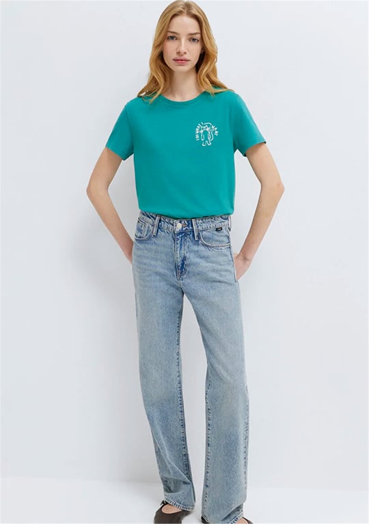 Mavi Y26 M1613873-71914 Koyu Yeşil Kadın Slim Kedi Baskılı T-shirt