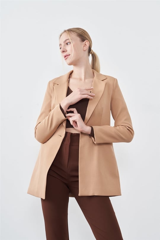 Sateen 166-6005 Camel Kadın Krep Leopar Detaylı Ceket