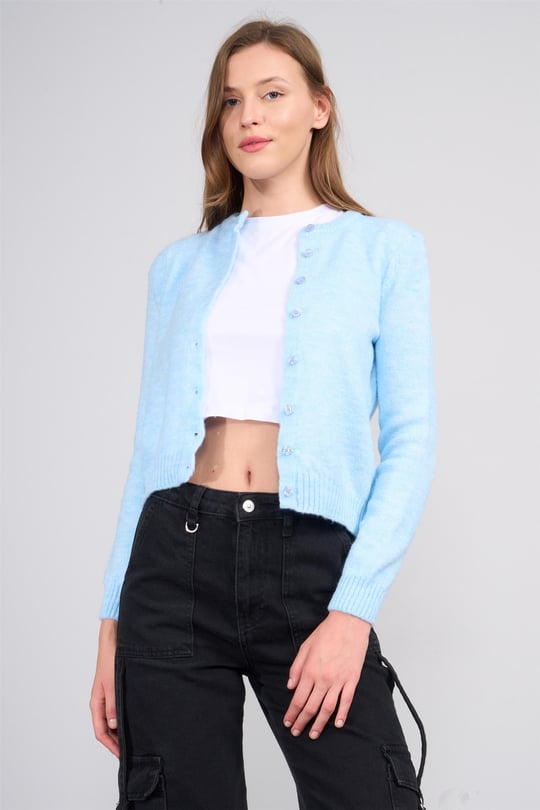 Çetinkaya Miya Mira 2315 Kadın Bisiklet Yaka Akrilik Triko Hırka Pudra