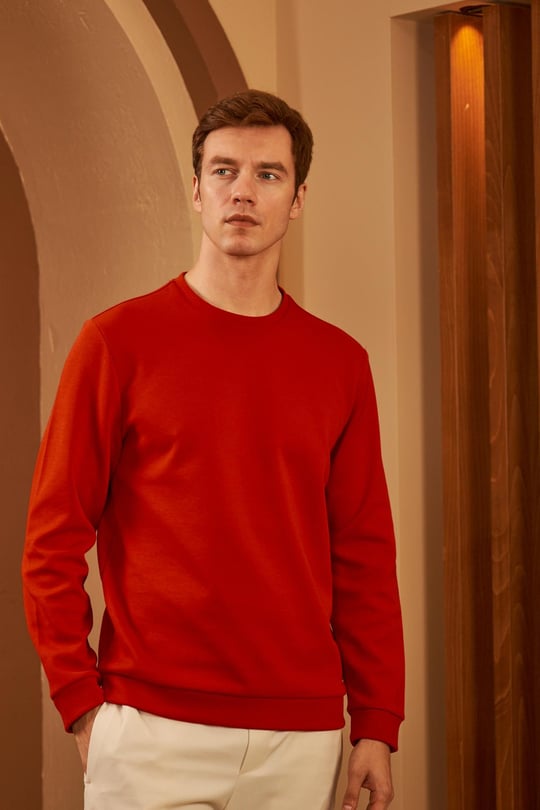 Erkek Comfort Fit Basic Düz Sweatshirt Kırmızı MARS26
