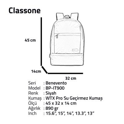 Classone BP-IT900 Benevento Serisi 15.6"WTXpro Su Geçirmez Kumaş, Su  Geçirmez Fermuar Notebook Sırt Çantası-