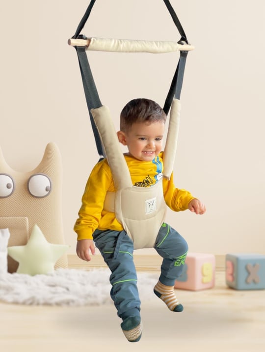 Bebek Hoppala Zıpzıp Yüz Korumalı Emniyet Kemerli Yaylı Bebek Yürüteci Bej