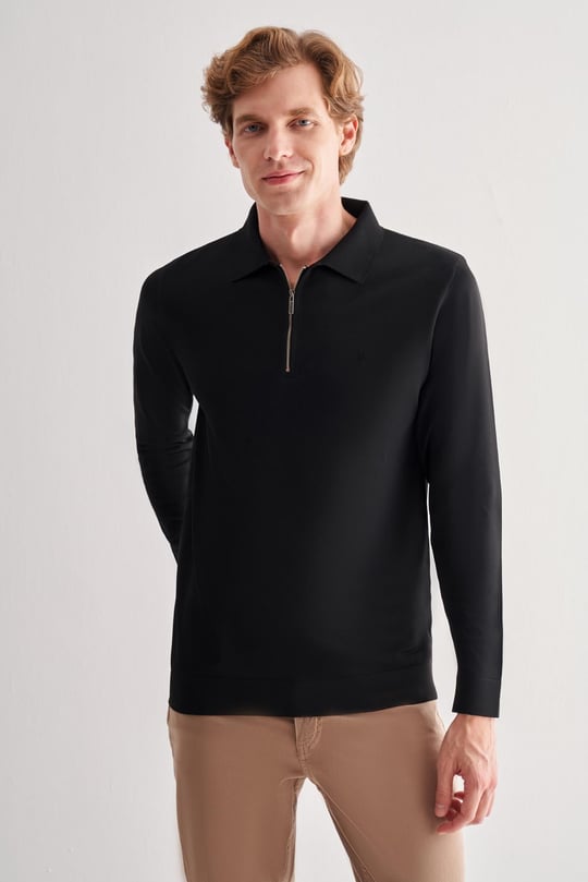 Yeşil Polo Yaka Cepsiz Comfort Fit Classic Yünlü Triko Kazak