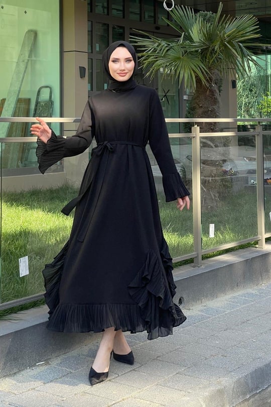 Kol Ve Etek Ucu Fırfırlı Abiye Siyah – Şule Giyim | Tesettür Giyim