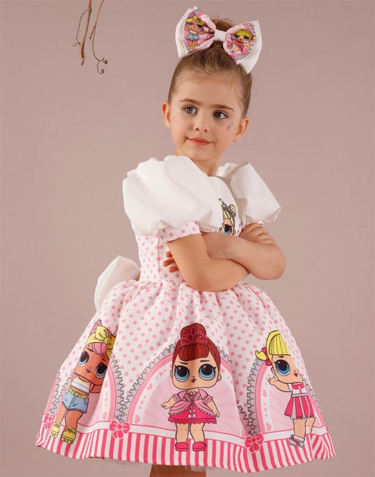 Kız Çocuk Fiyonk Detaylı Tokalı Lol Özel Gün Elbisesi