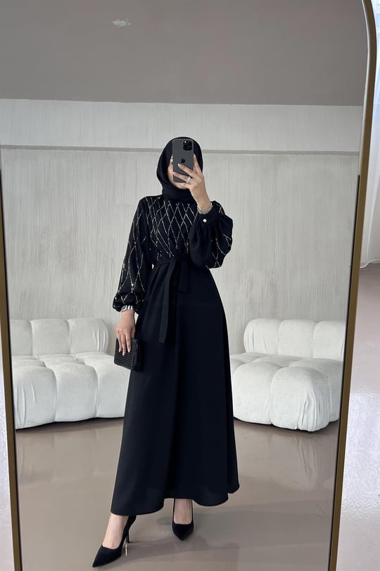 Taş Desen Krep Elbise SİYAH | sawosh.com