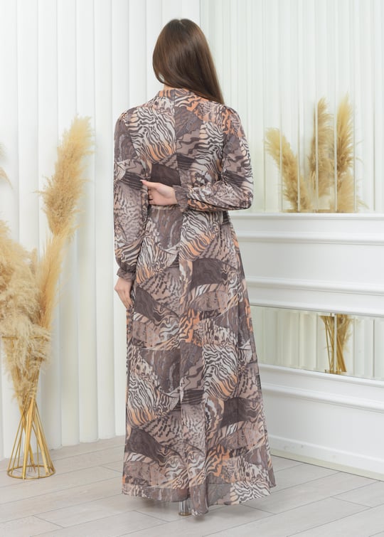 Leopar Desenli Komple Astarlı Şifon Elbise - Kadın Tesettür Elbise