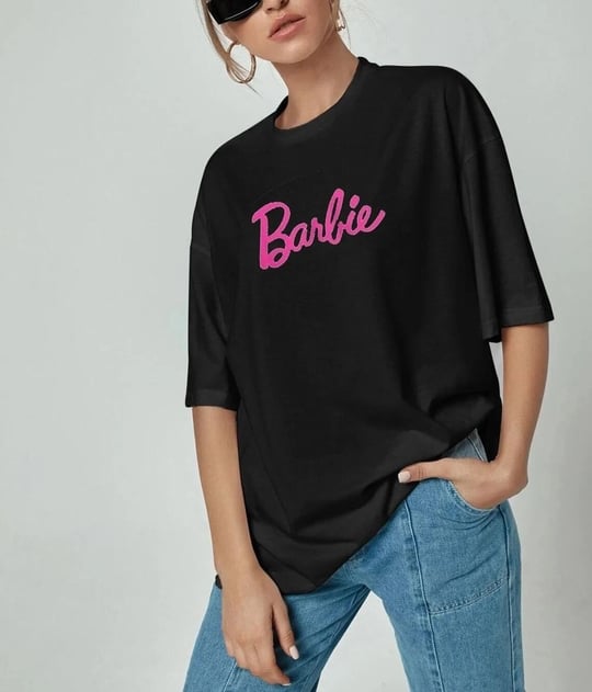 Barbie Yazılı Oversize Kadın T-shirt Bluz