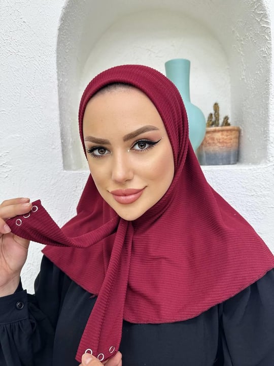 Hazır Şal Piliseli Pamuklu Model Çıtçıtlı Hijab Bone Pratik Eşarp Şal Bordo