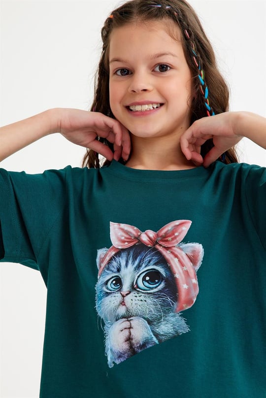 Pembe Kurdela Kedi Baskılı Nefti Çocuk Tişört 5 - 15 Yaş Arası | Ücretsiz  Kargo