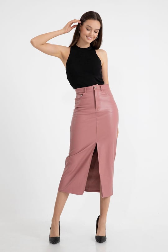 Pink leather clearance midi skirt