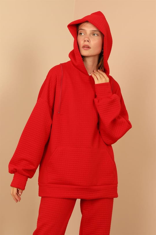 Jesica Fabric Long Sleeve Hooded Oversize Zip Women Sweatshirt Red Wholesale Sweatshirt