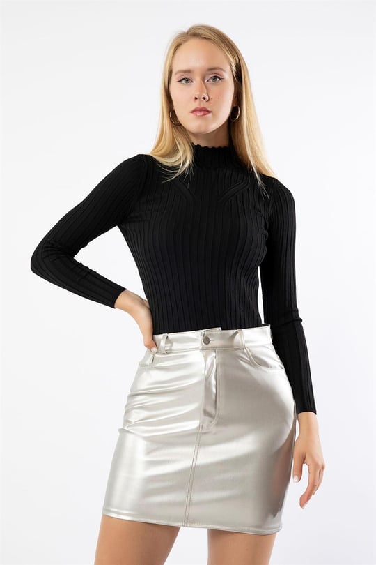 Leather Fabric Tight Fit Midi Skirt Silver Wholesale Skirt