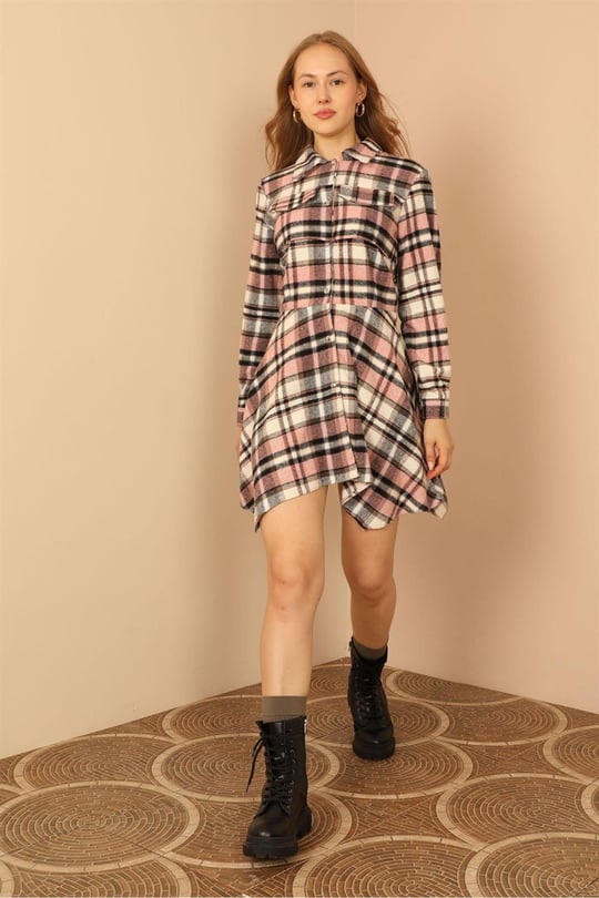 Asymmetric plaid outlet shirt dress