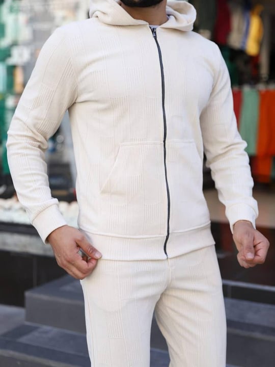 Men hooded zip-up sweatsuit wholesale Cream color | From Turkey