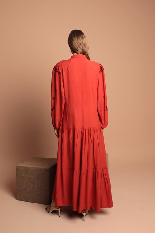 Viscose Fabric Front Robe Embroidered Women s Dress Brick