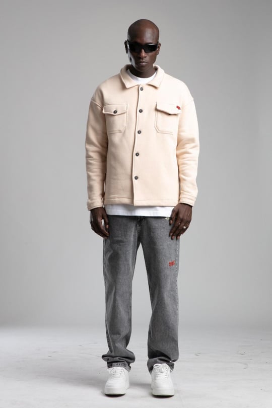 Wholesale Men Cream Button Up Fleece Jackets with Flap Pockets