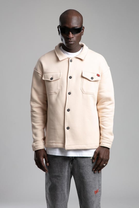 Wholesale Men Cream Button Up Fleece Jackets with Flap Pockets