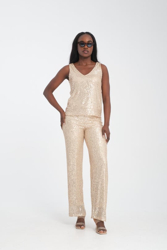 Wholesale Women Champagne Sequined Two Piece Suits Blouse and Pants Set